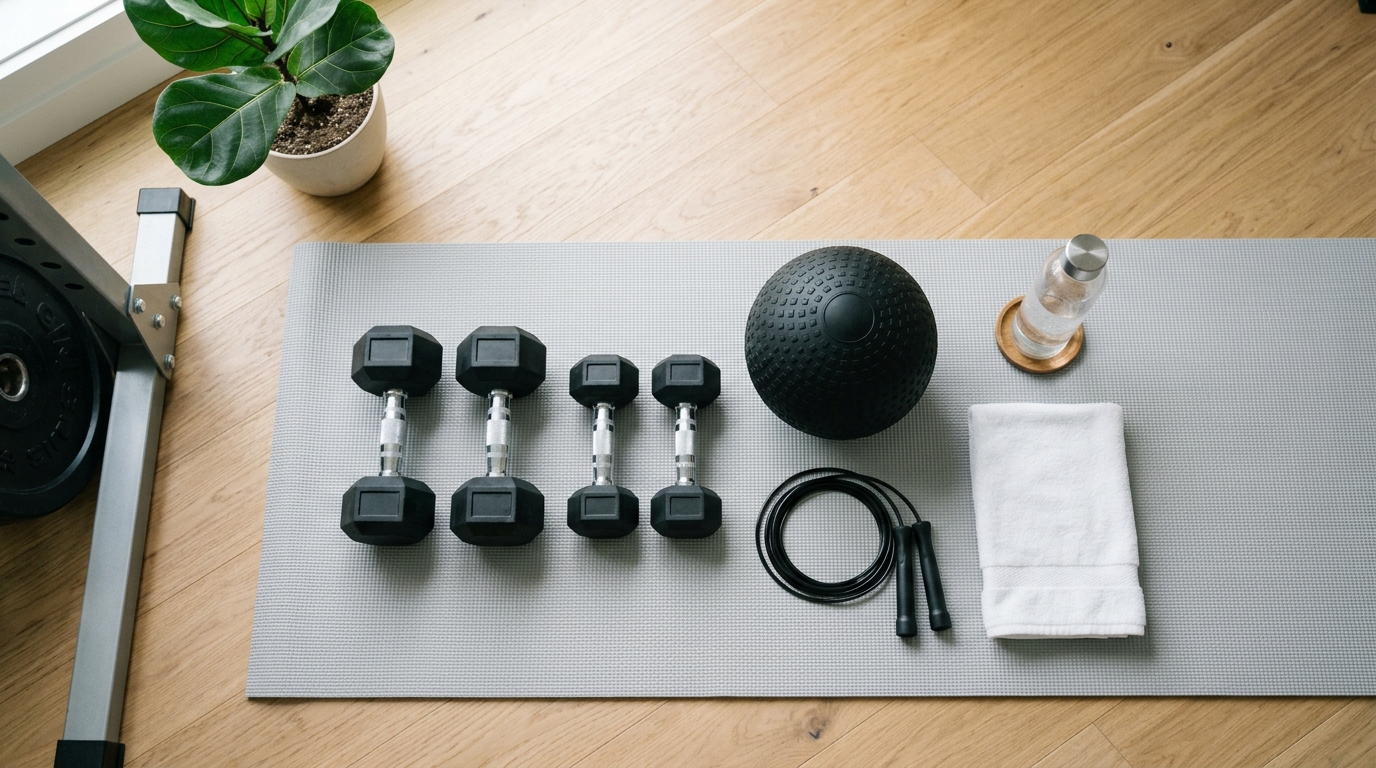 Dumbbells, slam ball, jump rope, mat, towel, and water bottle arranged for an upper body home workout.