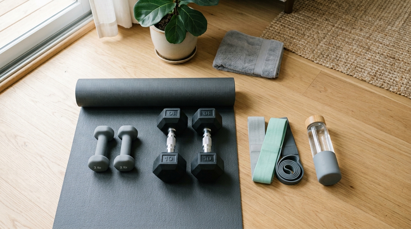 Home workout equipment including light dumbbells, heavier dumbbells, resistance bands, a mat, and a water bottle.