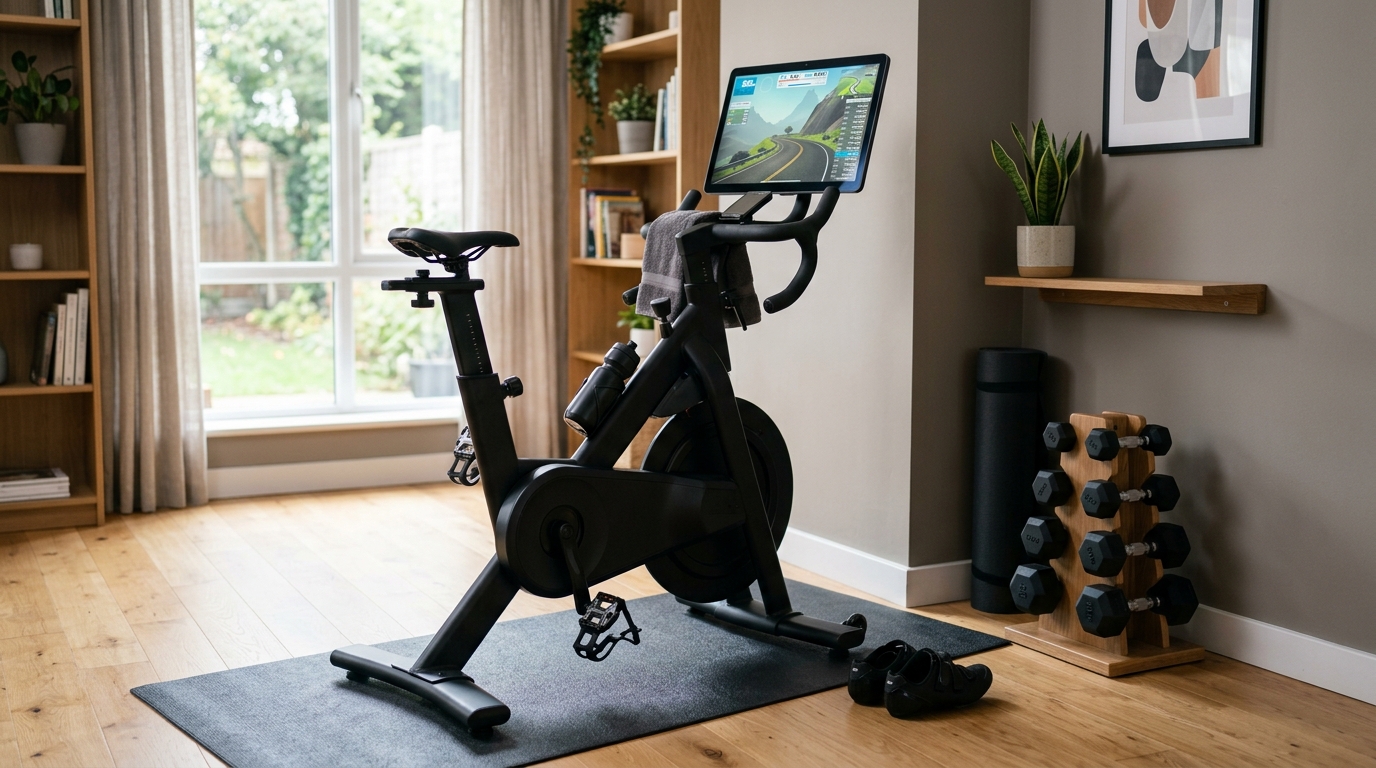 Connected indoor cycling setup at home with bike, tablet, mat, dumbbells, and clean home gym corner.