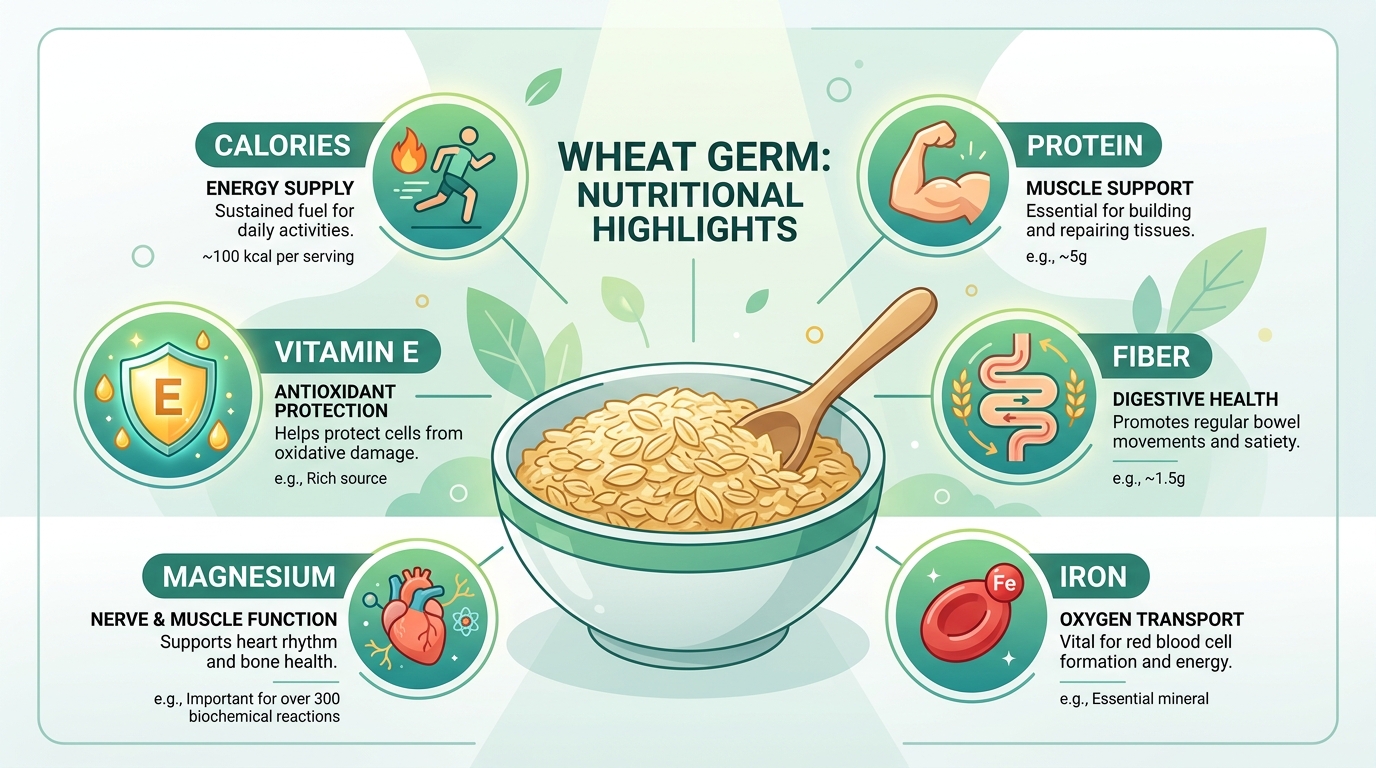 Infographic of wheat germ nutrition facts per tablespoon for women’s fitness.