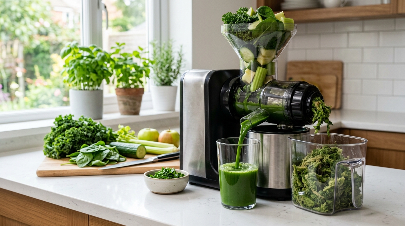 Slow masticating juicer extracting green juice from kale, spinach, cucumber, celery, and apple. 
