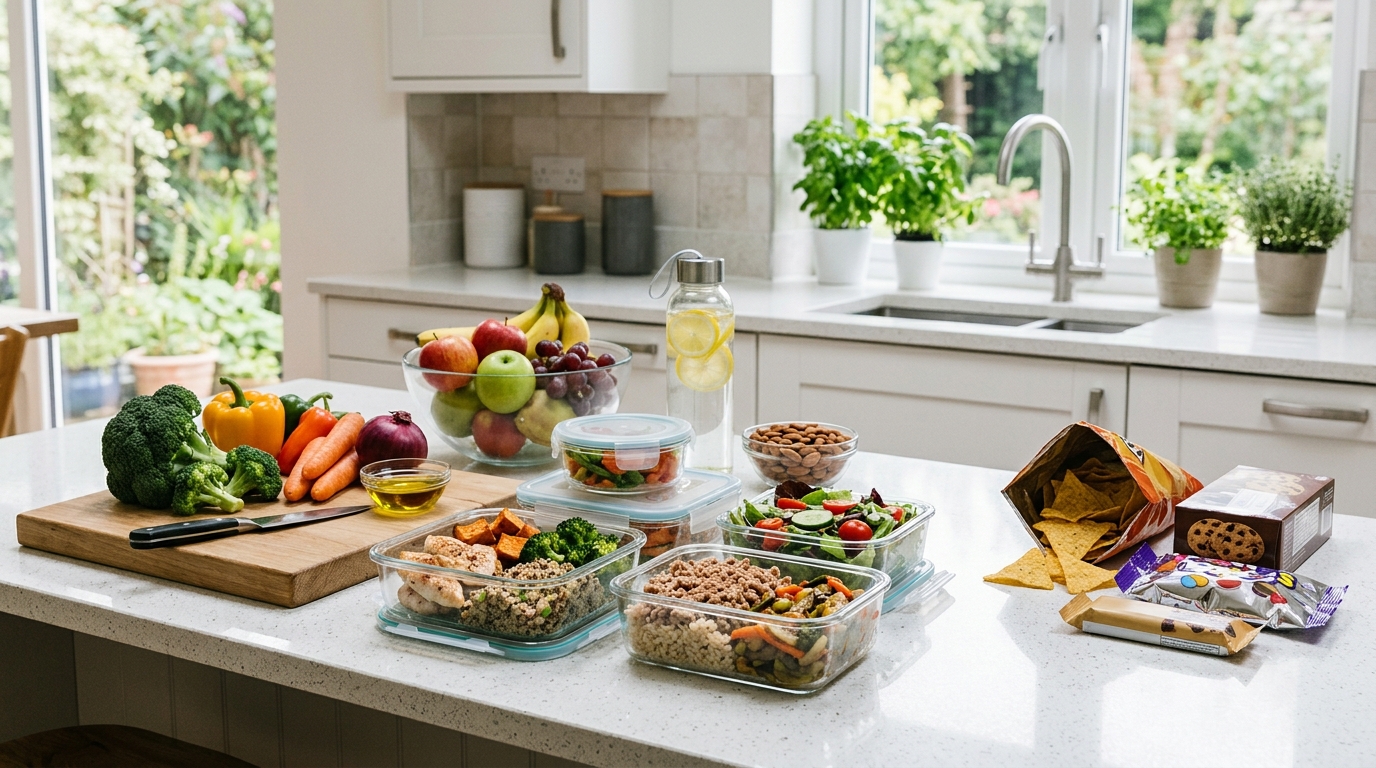 Healthy kitchen setup with meal prep foods that support belly fat loss.