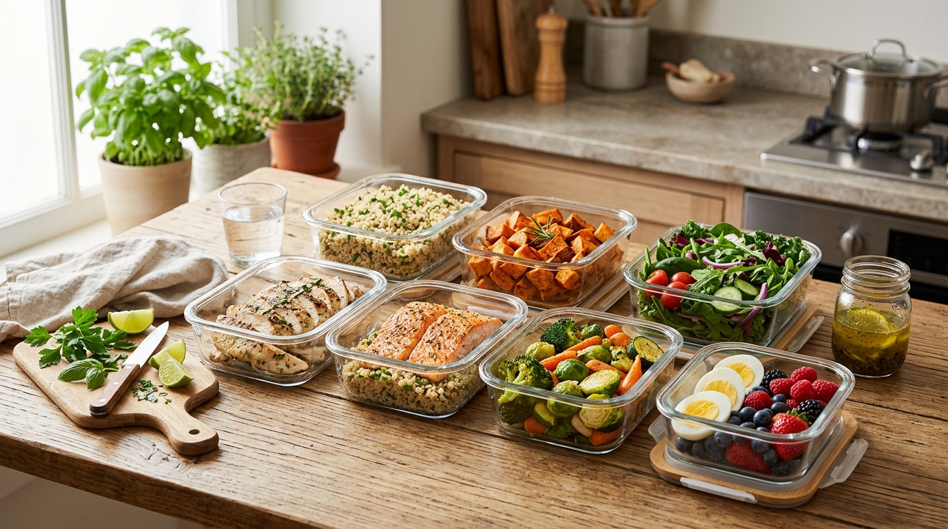 Balanced whole-food meal prep with lean protein, vegetables, and complex carbs for weight loss.