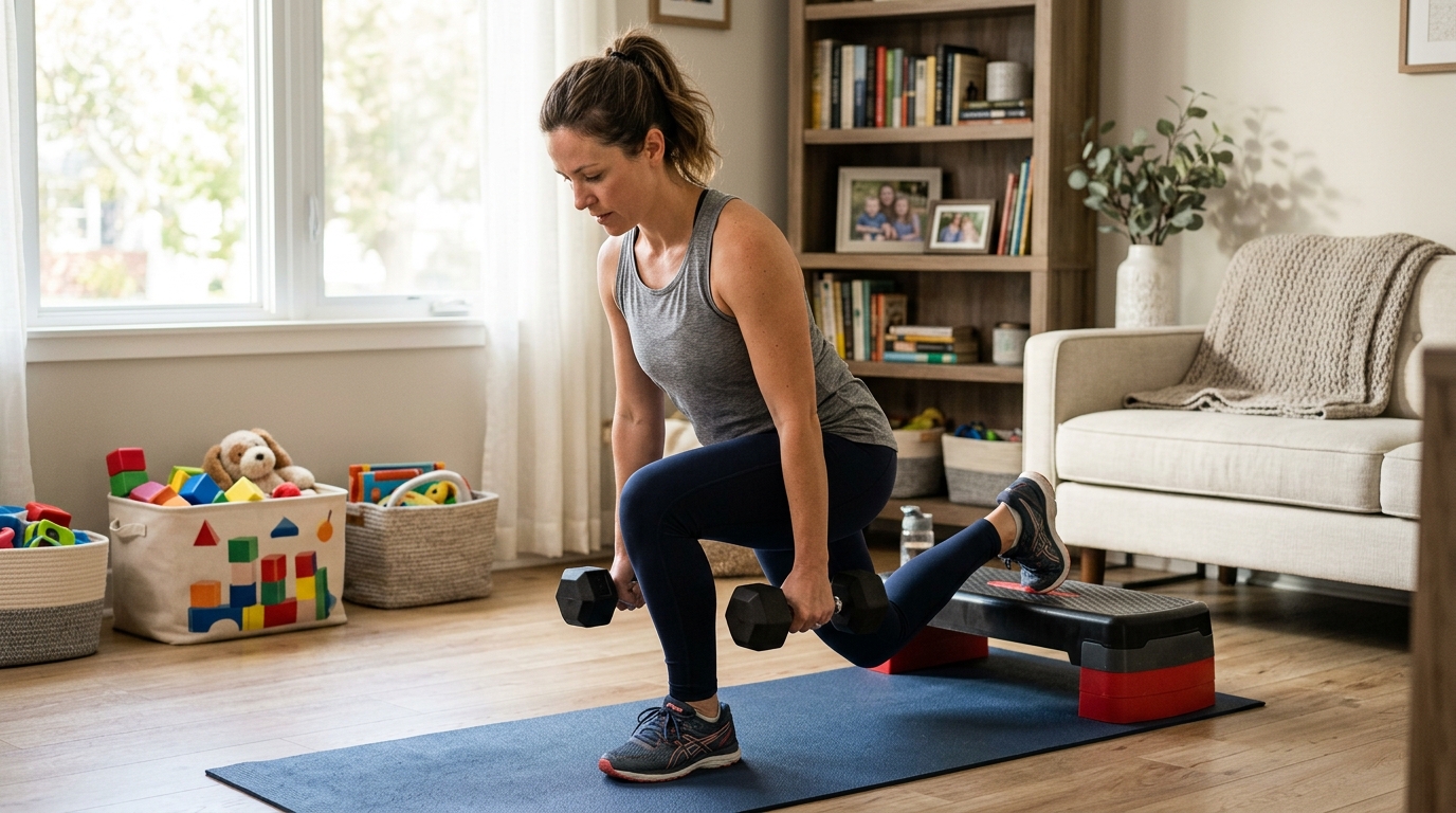 Busy mom doing a home leg workout in a living room with simple equipment.