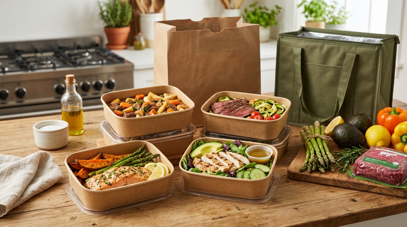 Premium paleo meal delivery setup with prepared meals and fresh ingredients.