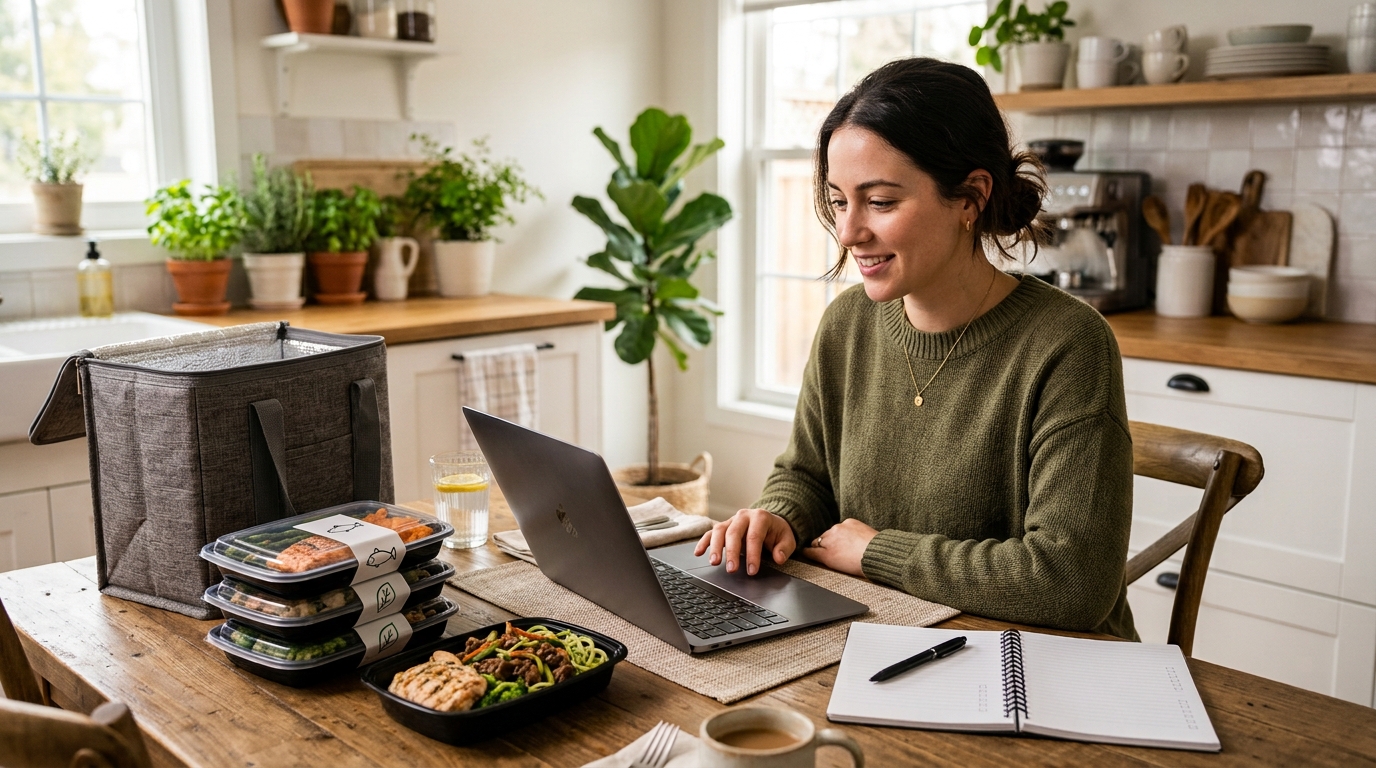 Person reviewing a paleo meal delivery subscription with prepared meals nearby.