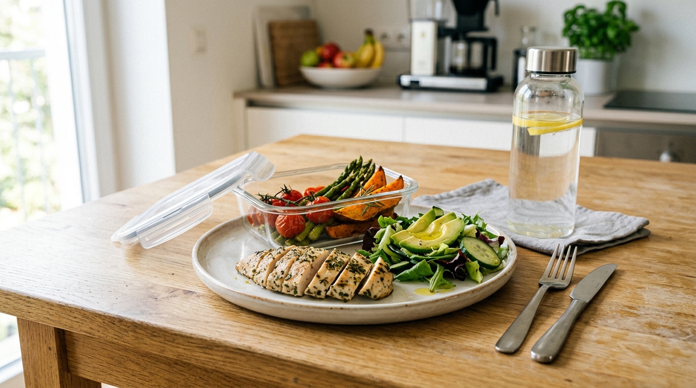 Healthy prepared paleo meal on a kitchen table for a convenient meal delivery lifestyle.