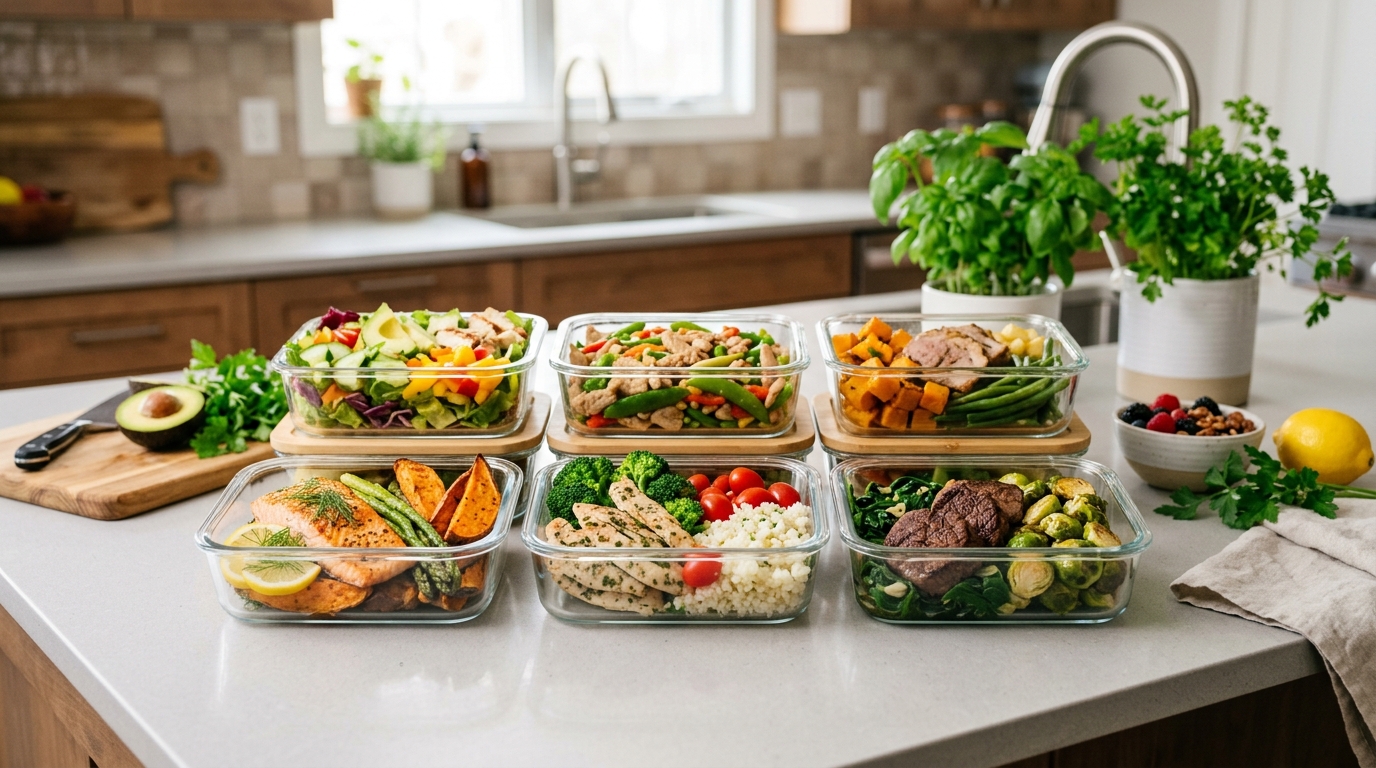 Prepared paleo meals in containers showing lean protein and vegetables.