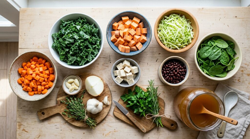 Fresh soup ingredients including carrots, kale, sweet potato, tofu, cabbage, black beans, spinach, garlic, onion, broth, and herbs