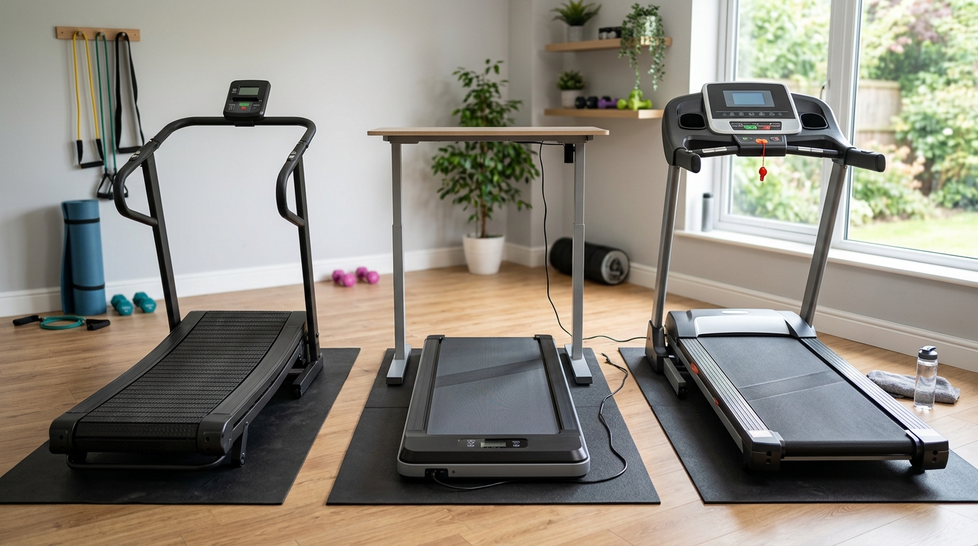 Three budget treadmills displayed in a bright home fitness equipment setting for comparison