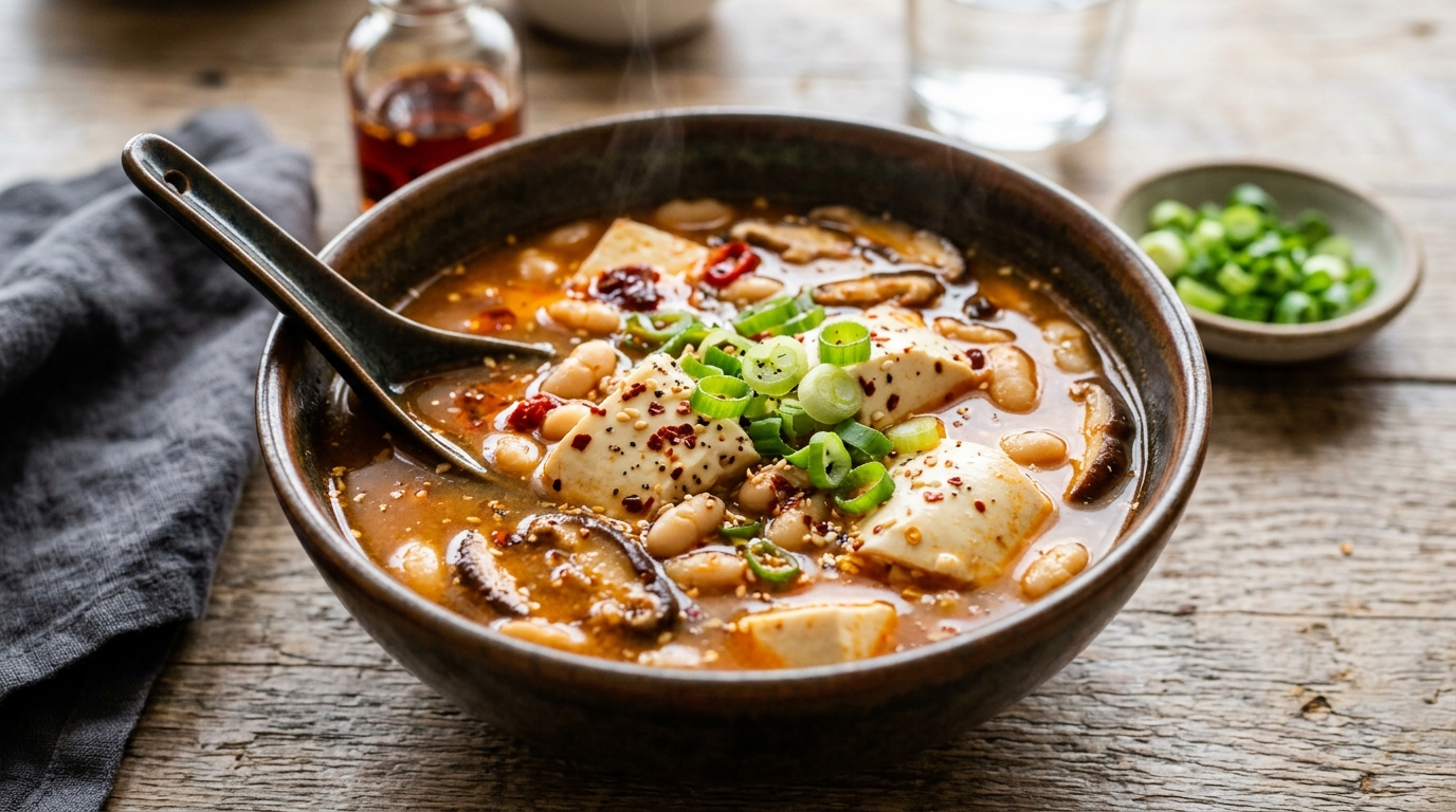 Bowl of spicy tofu and bean soup with mushrooms, chili flakes, white beans, and green onions.