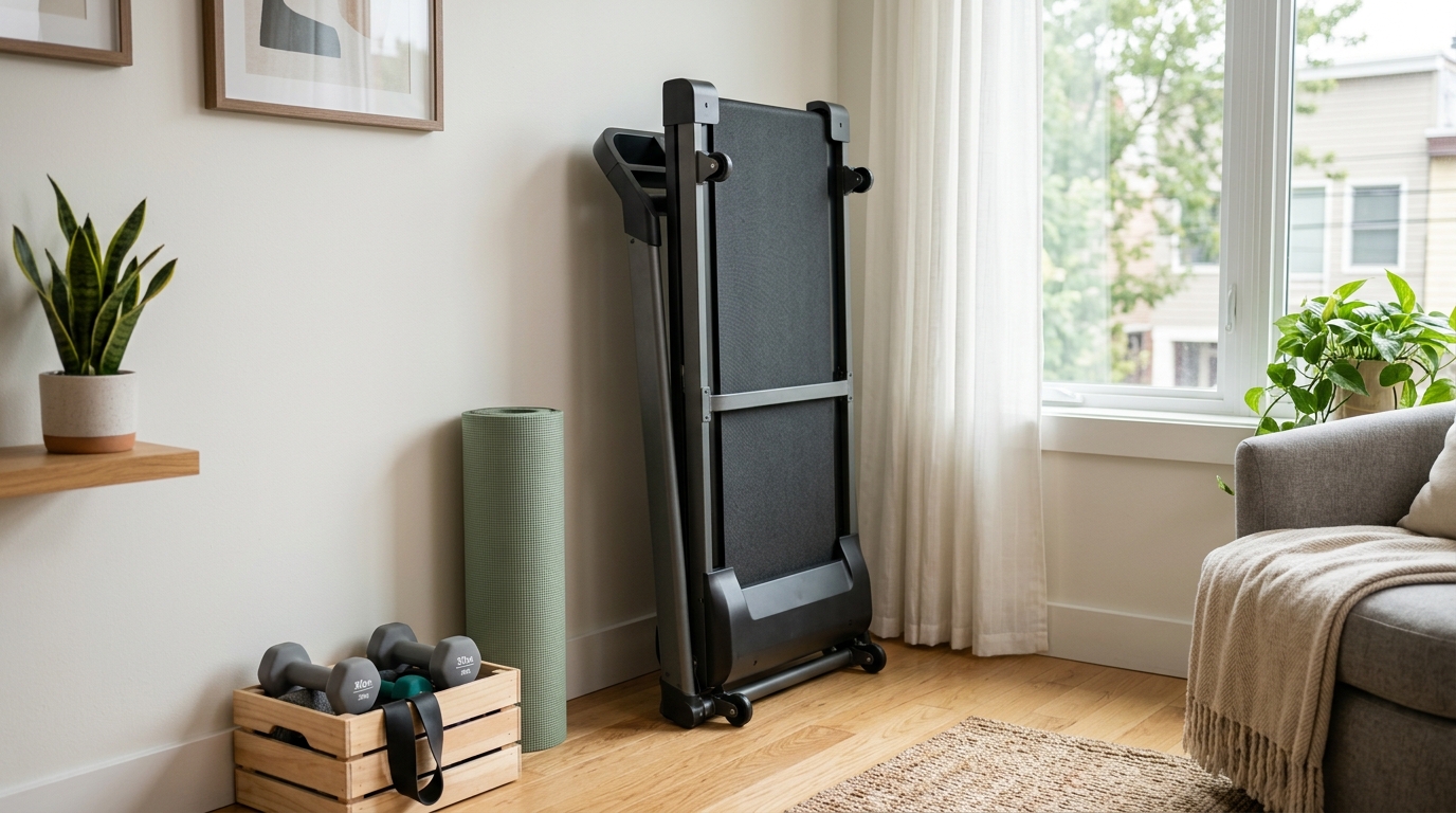  Compact treadmill in a small home workout corner with a mat and minimal fitness accessories.