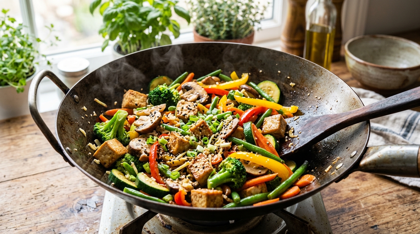 Healthy vegetable stir fry with tofu, zucchini, mushrooms, broccoli, bell peppers, green beans, ginger, and garlic