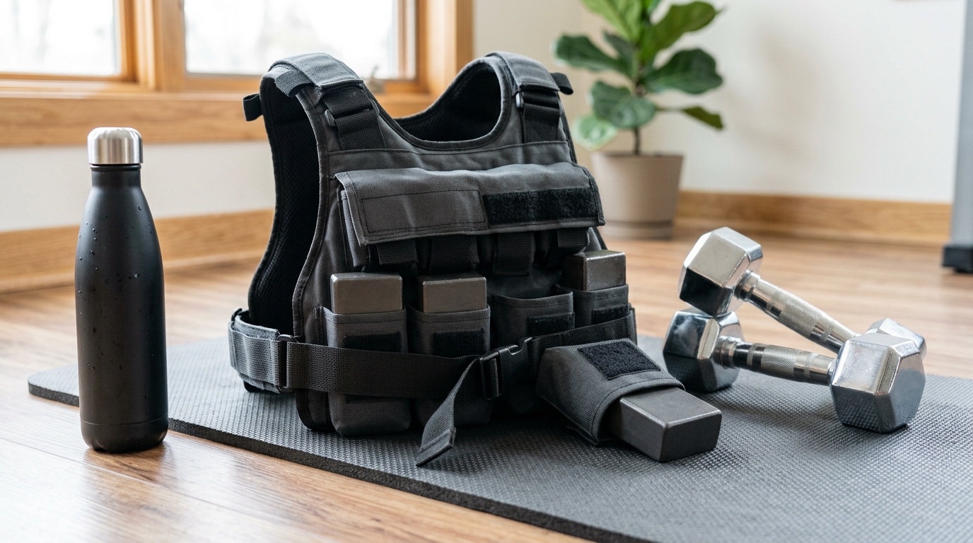 Close-up of an adjustable weighted vest with removable weights for women’s workouts