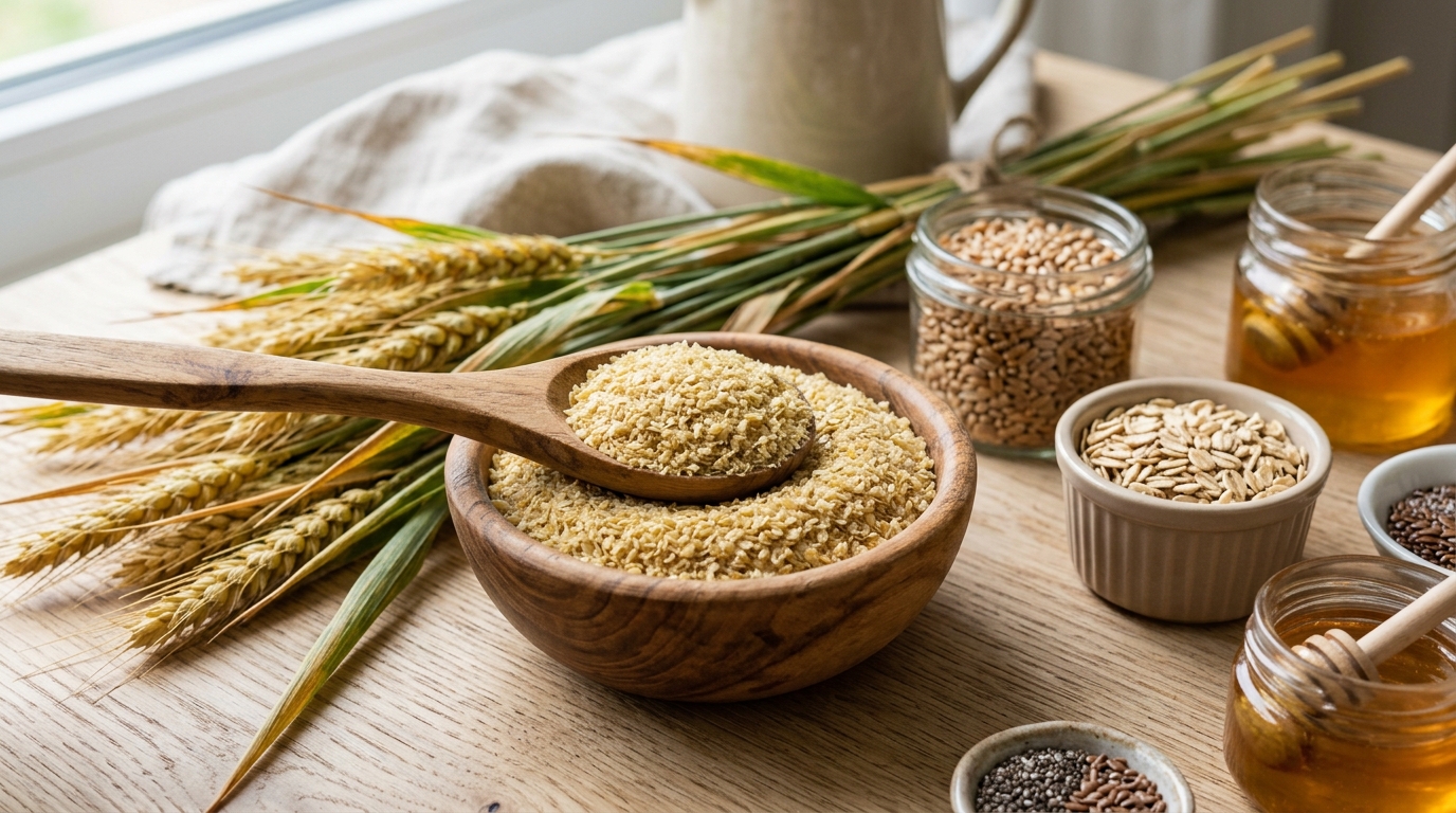 Close-up of raw wheat germ in a spoon and bowl on a light surface