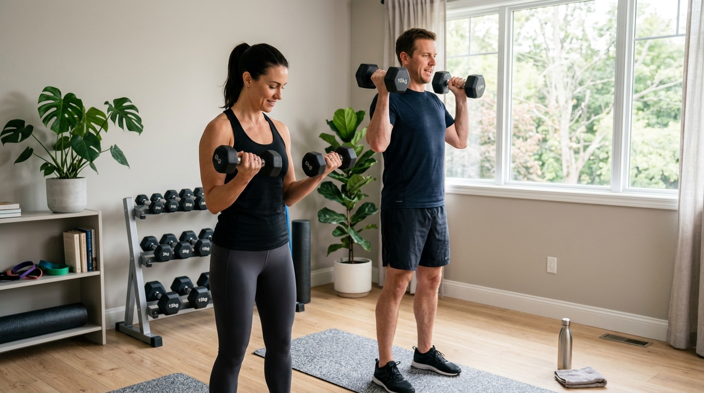 Woman and man doing strength training exercises with dumbbells at home.