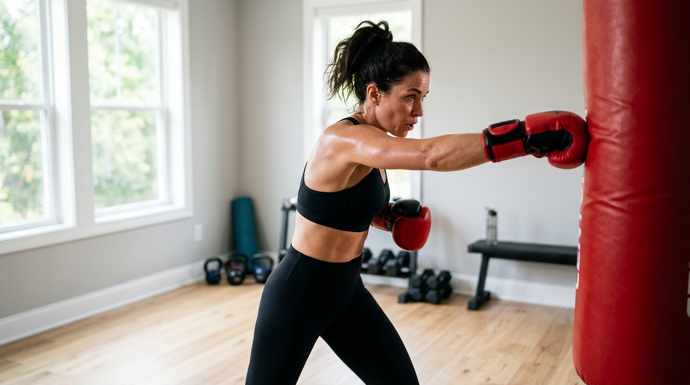 Woman doing a boxing and kickboxing full body workout at home.