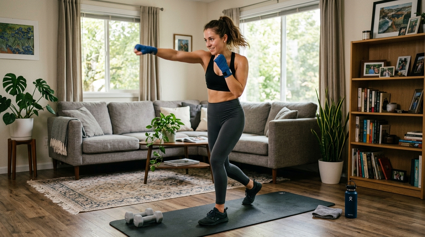 Woman doing boxing drills at home in a living room workout space.