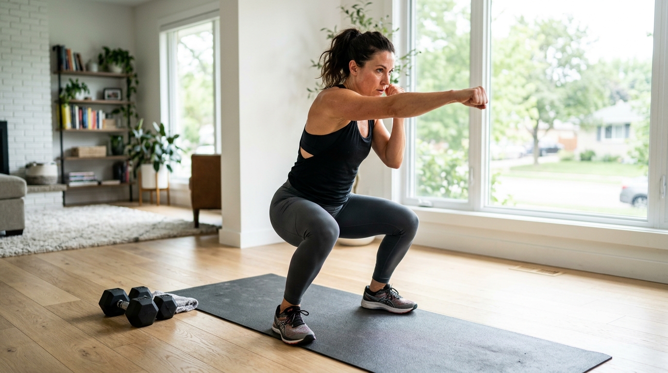 •	Woman performing squat punches during a boxing leg workout at home