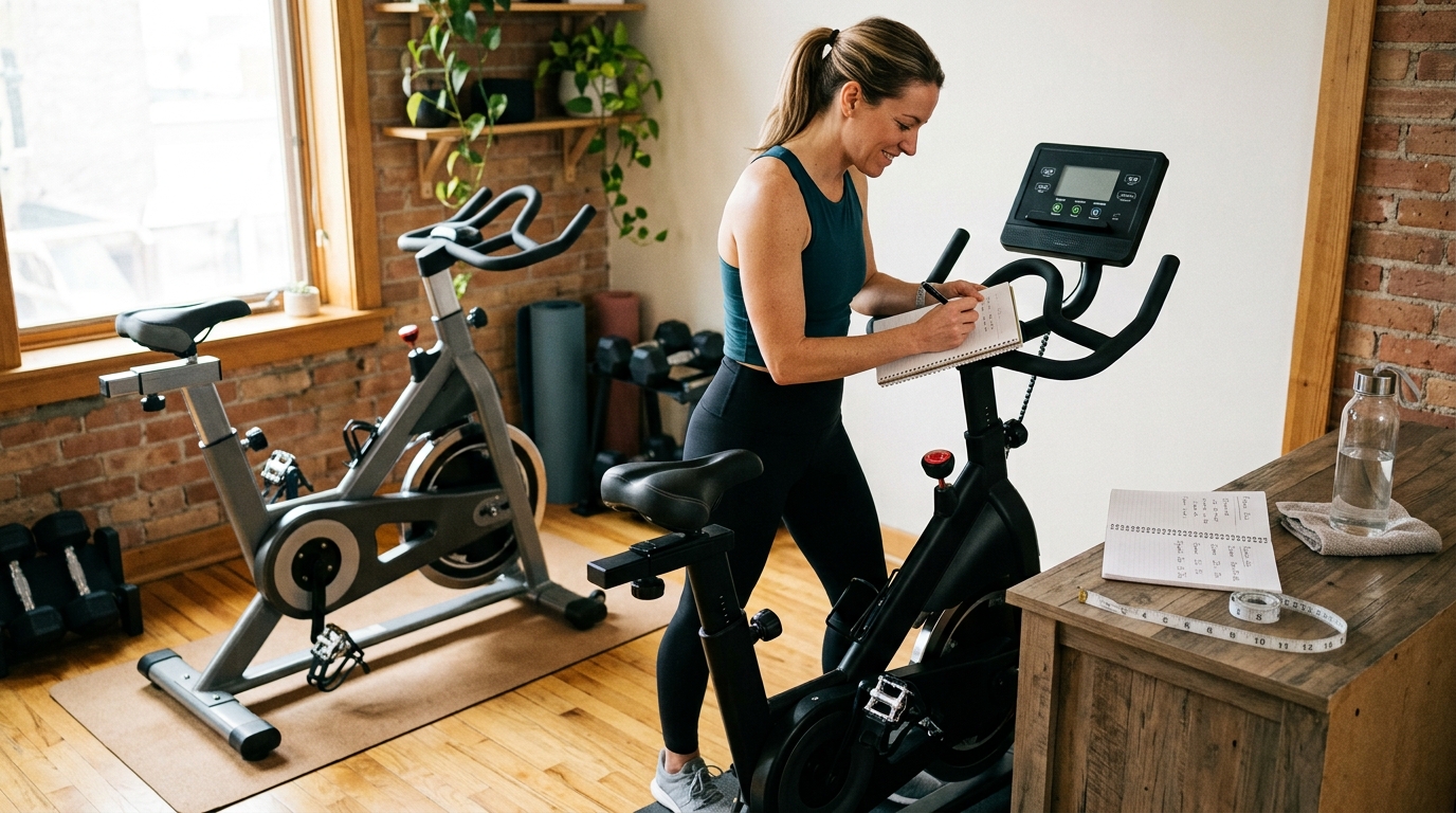 Woman comparing indoor exercise bike options at home with a notebook, water bottle, and fitness equipment nearby.
