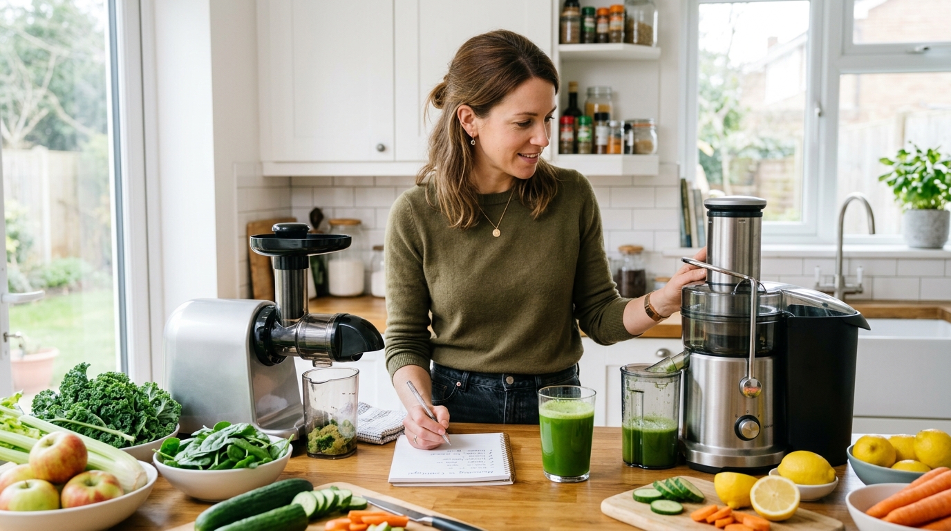 Woman comparing juicers in a kitchen with a checklist, fresh produce, and green juice.