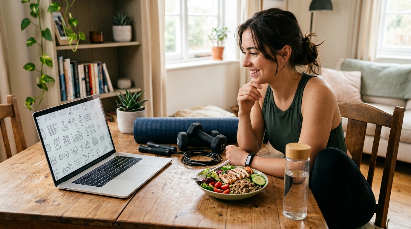 Woman following a free online fitness program at home with simple equipment