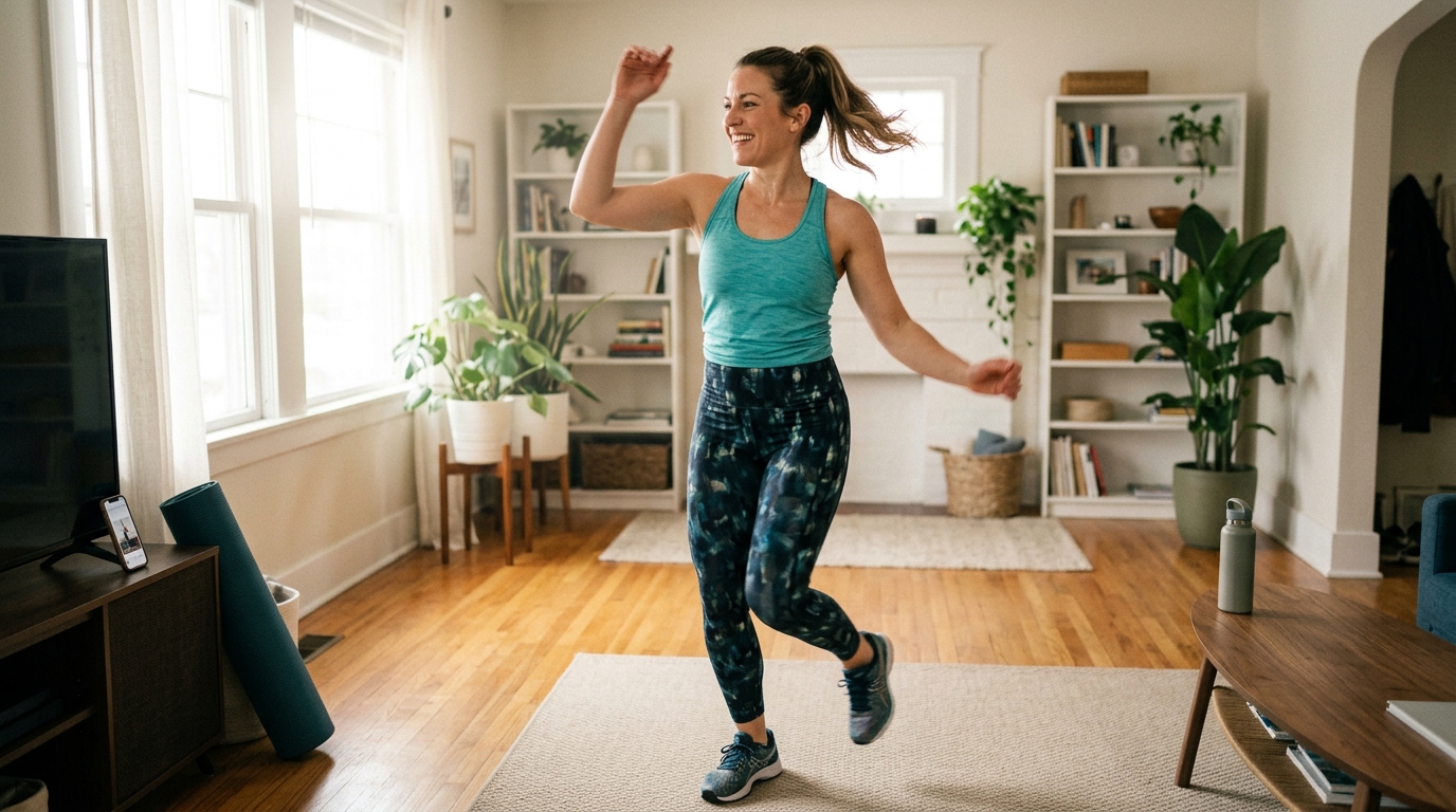 Woman dancing at home during a fun aerobic cardio workout.