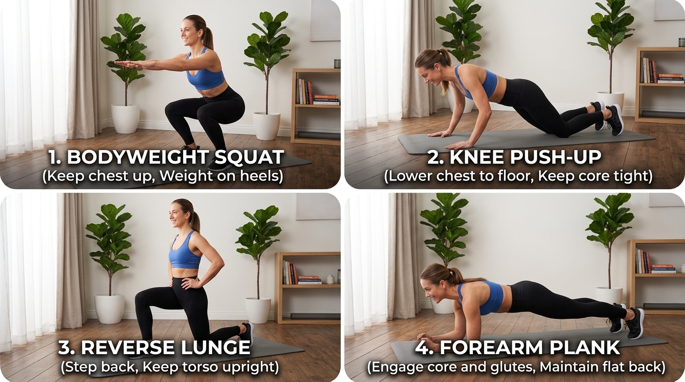 Woman demonstrating squats, lunges, push-ups, and a plank in a home workout space.