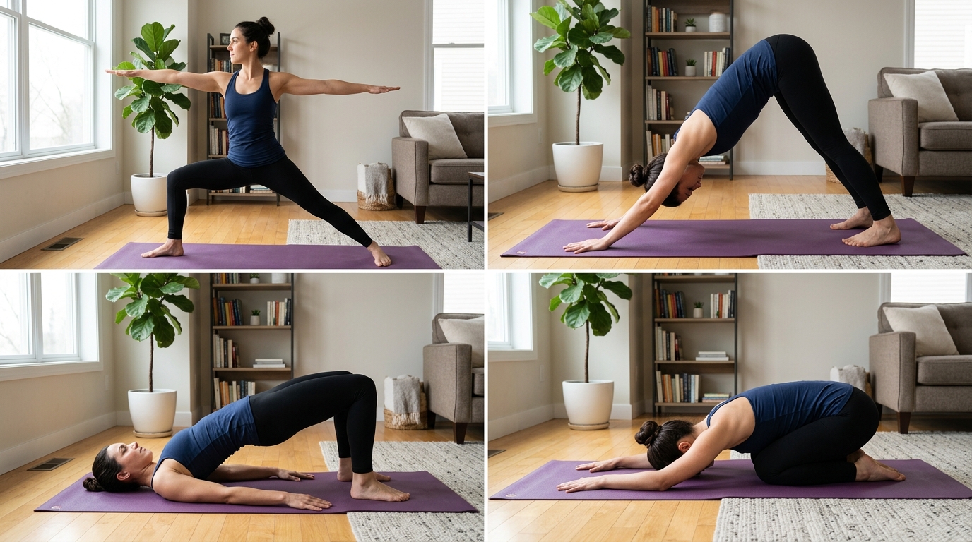 Woman demonstrating Downward Dog, Warrior II, Bridge Pose, and Child’s Pose in a home yoga routine.