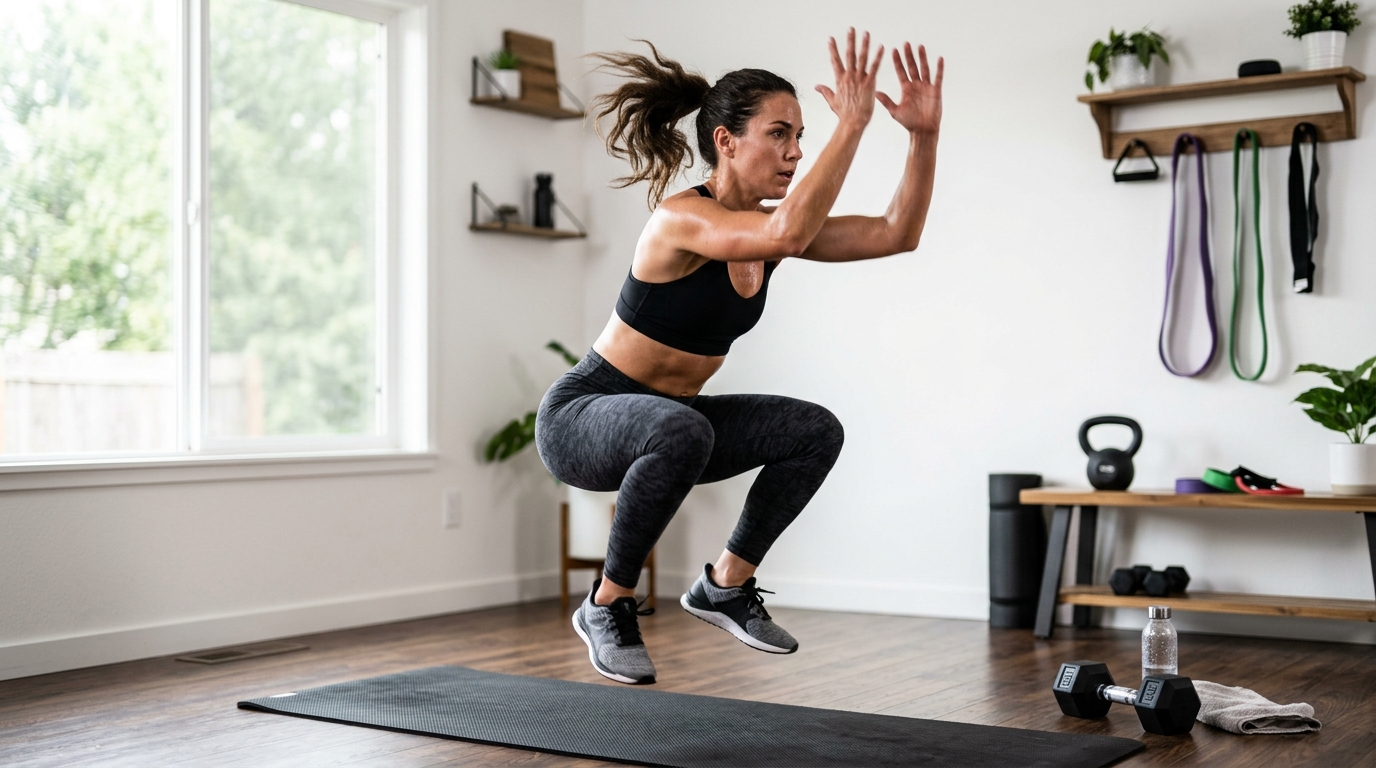 Woman doing explosive HIIT cardio exercises at home.