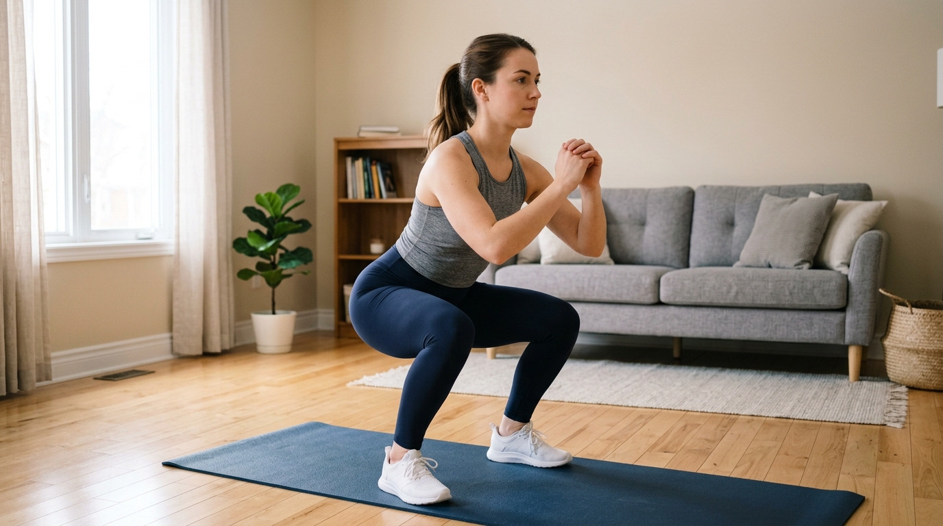Beginner woman doing a bodyweight squat at home.