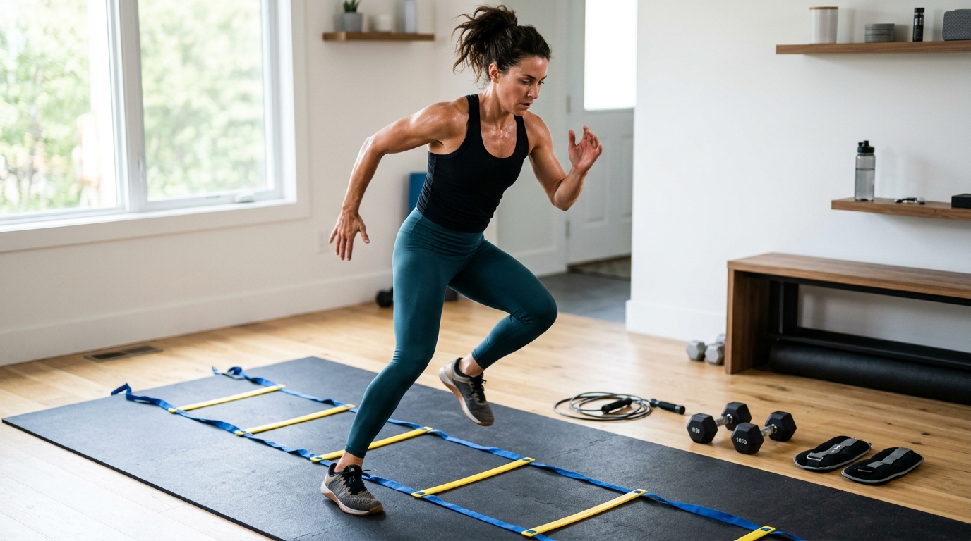: Woman doing an advanced 15 minute at-home cardio workout with an agility ladder, jump rope, and light dumbbells
