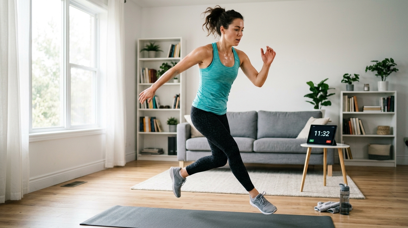 Woman doing an intense fat-burning cardio workout at home during a 15-minute routine.