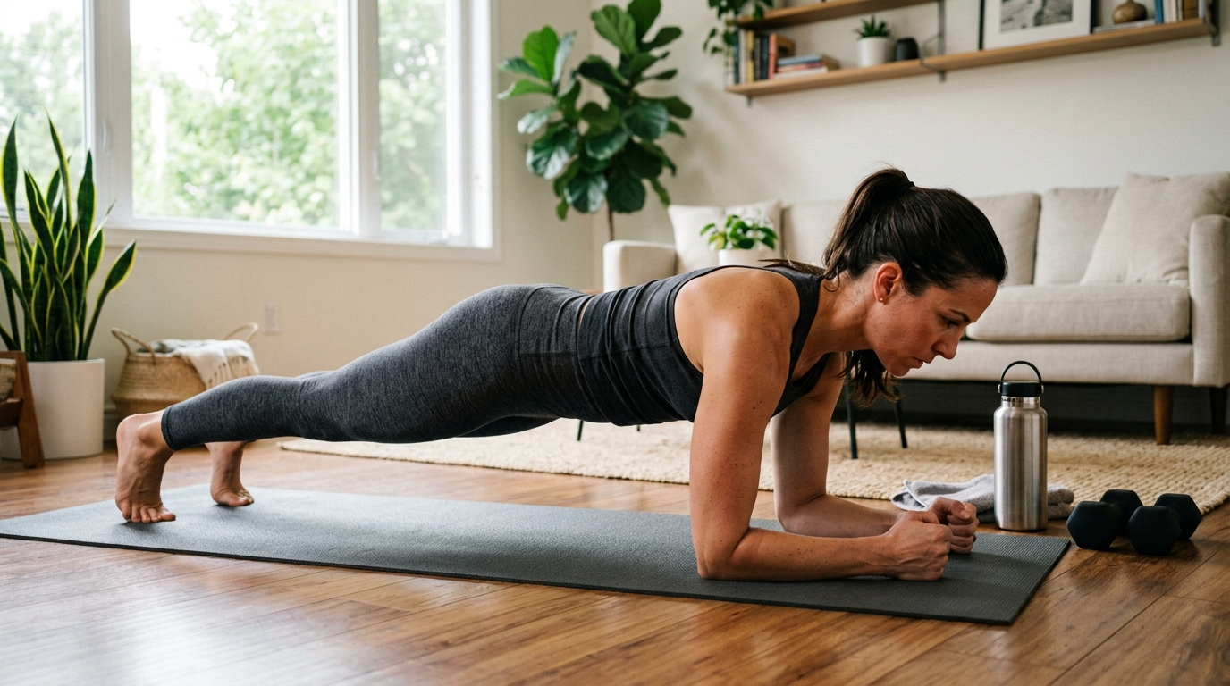 Woman doing a controlled core exercise at home to strengthen abs and posture.