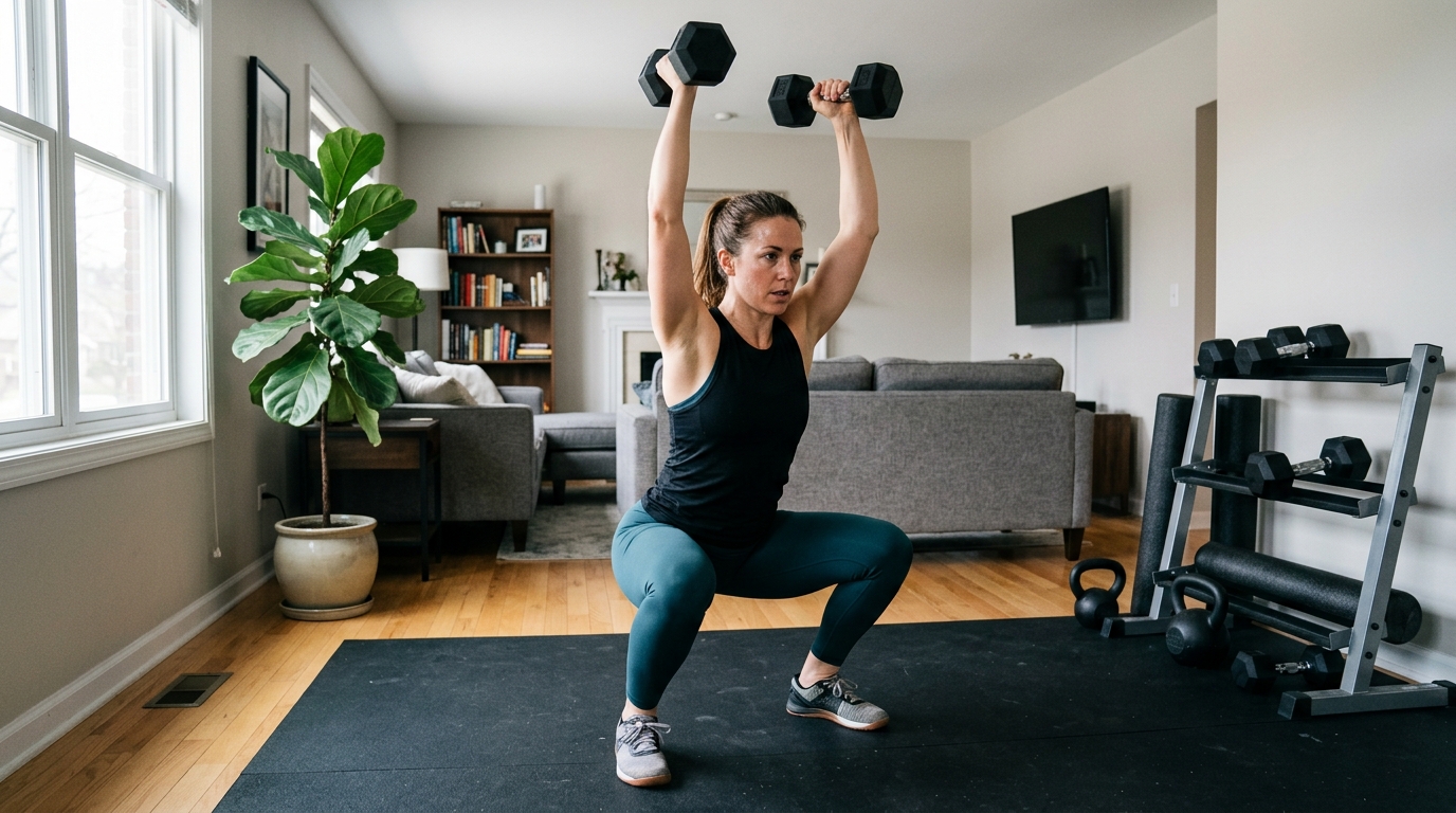 Woman doing a full-body dumbbell strength training routine at home