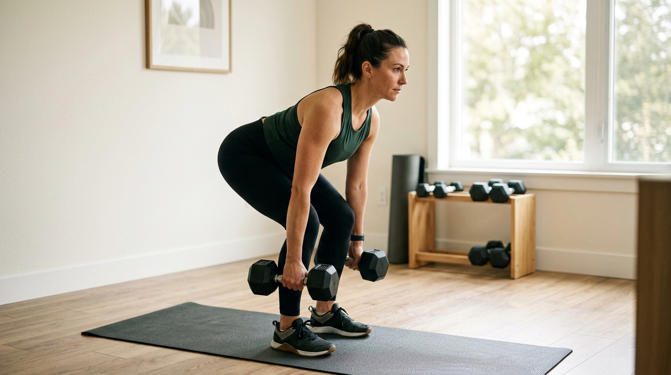 Woman performing a full body dumbbell workout at home with proper form.