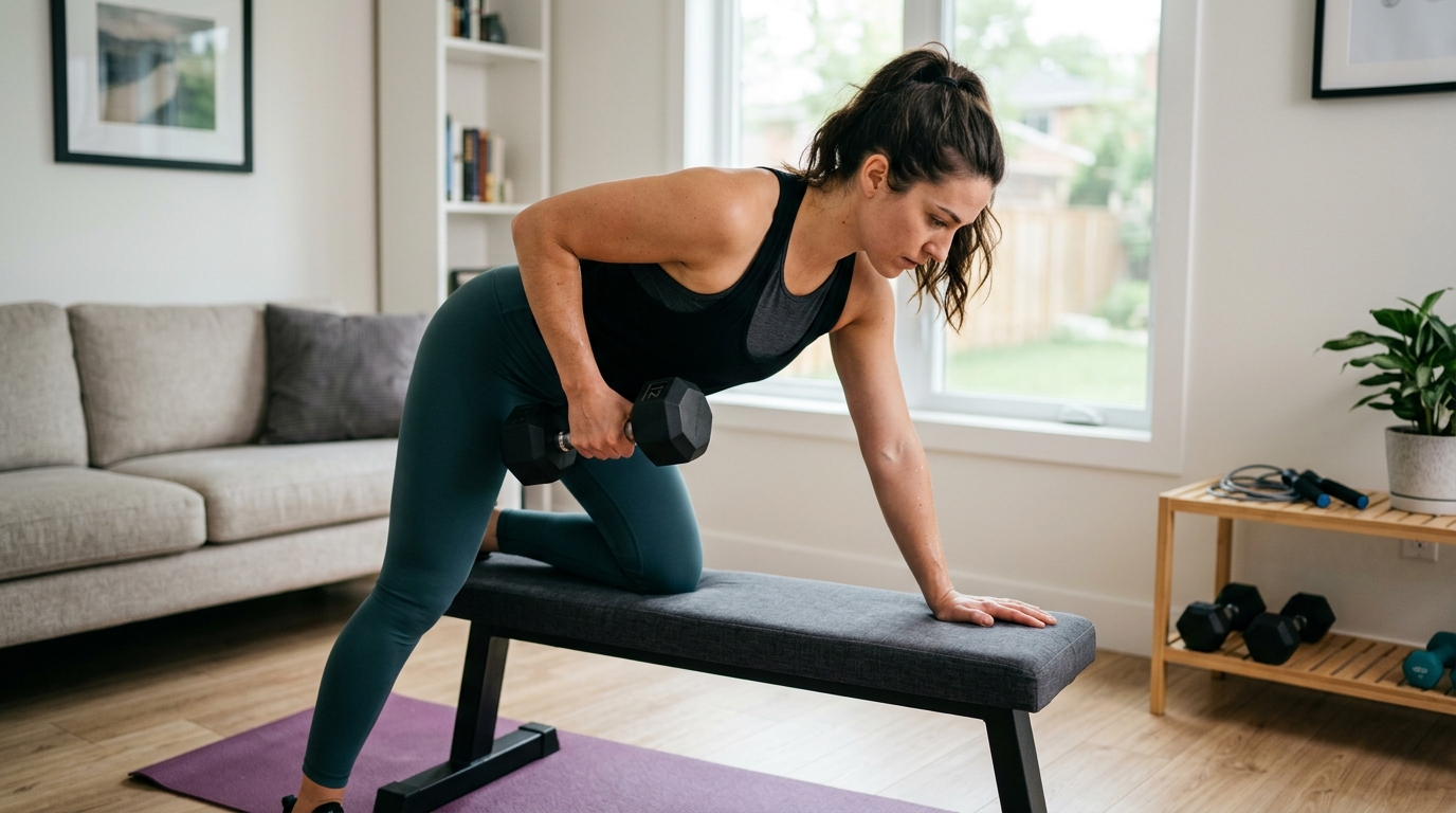Woman doing a chest and back upper body circuit at home with dumbbells