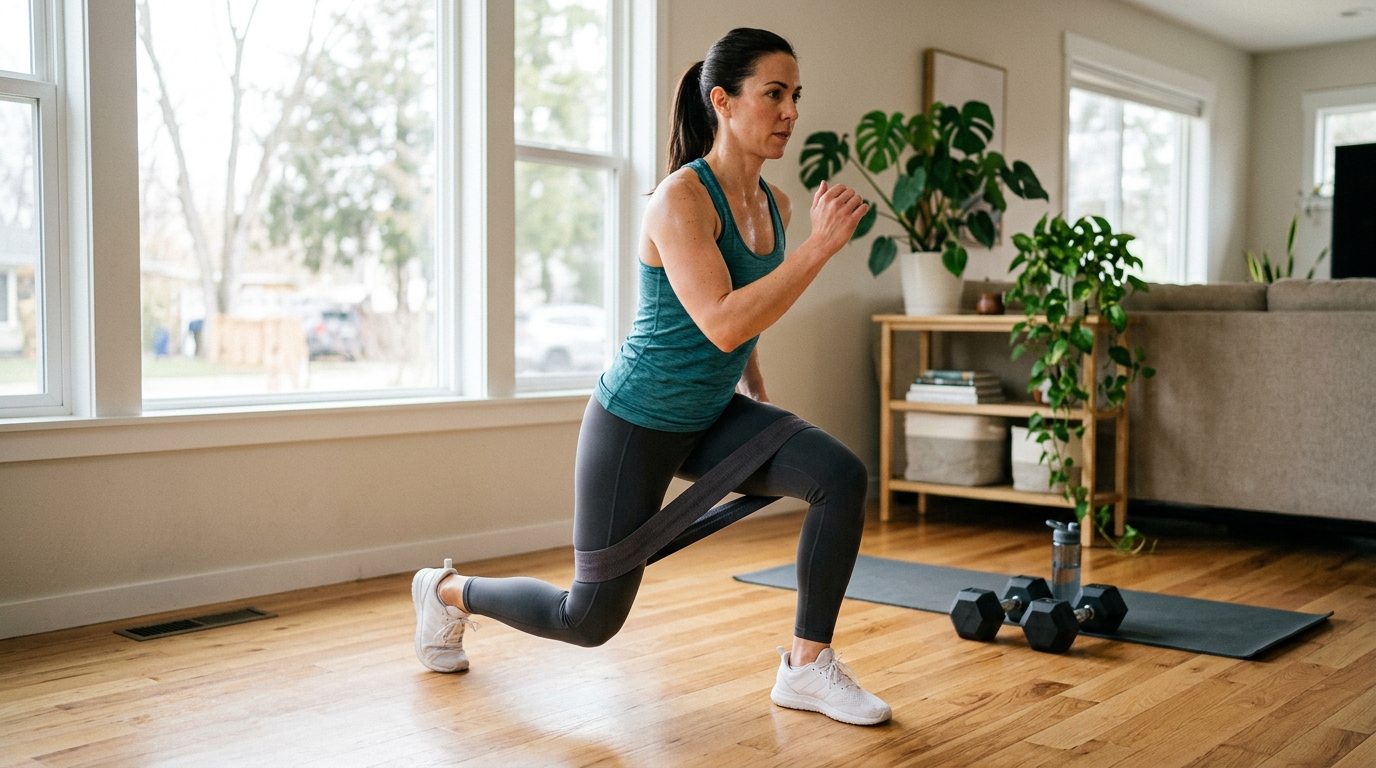Woman doing lower-body and cardio exercises at home with a resistance band and dumbbells.
