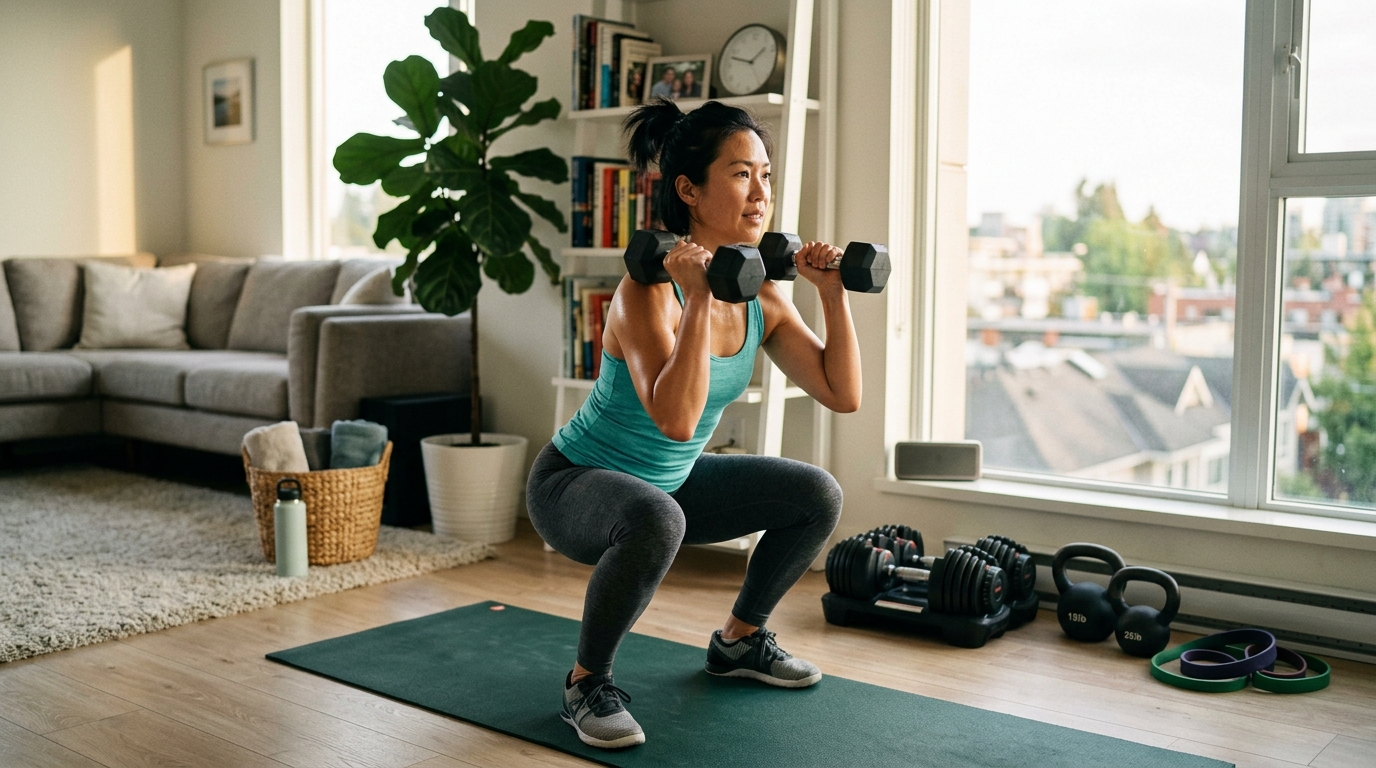 Woman doing a 20-minute HIIT and dumbbell workout at home