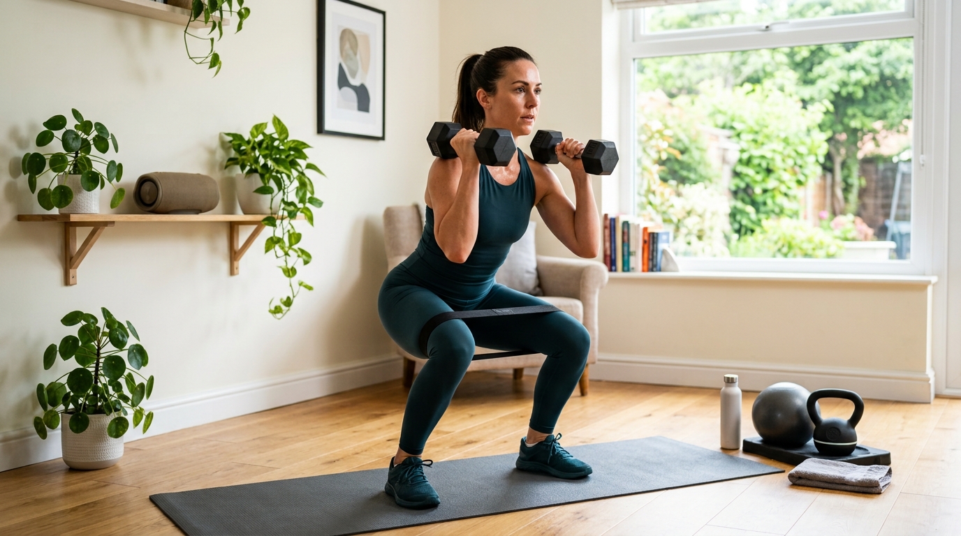Woman performing a circuit-style total body workout at home with simple equipment.