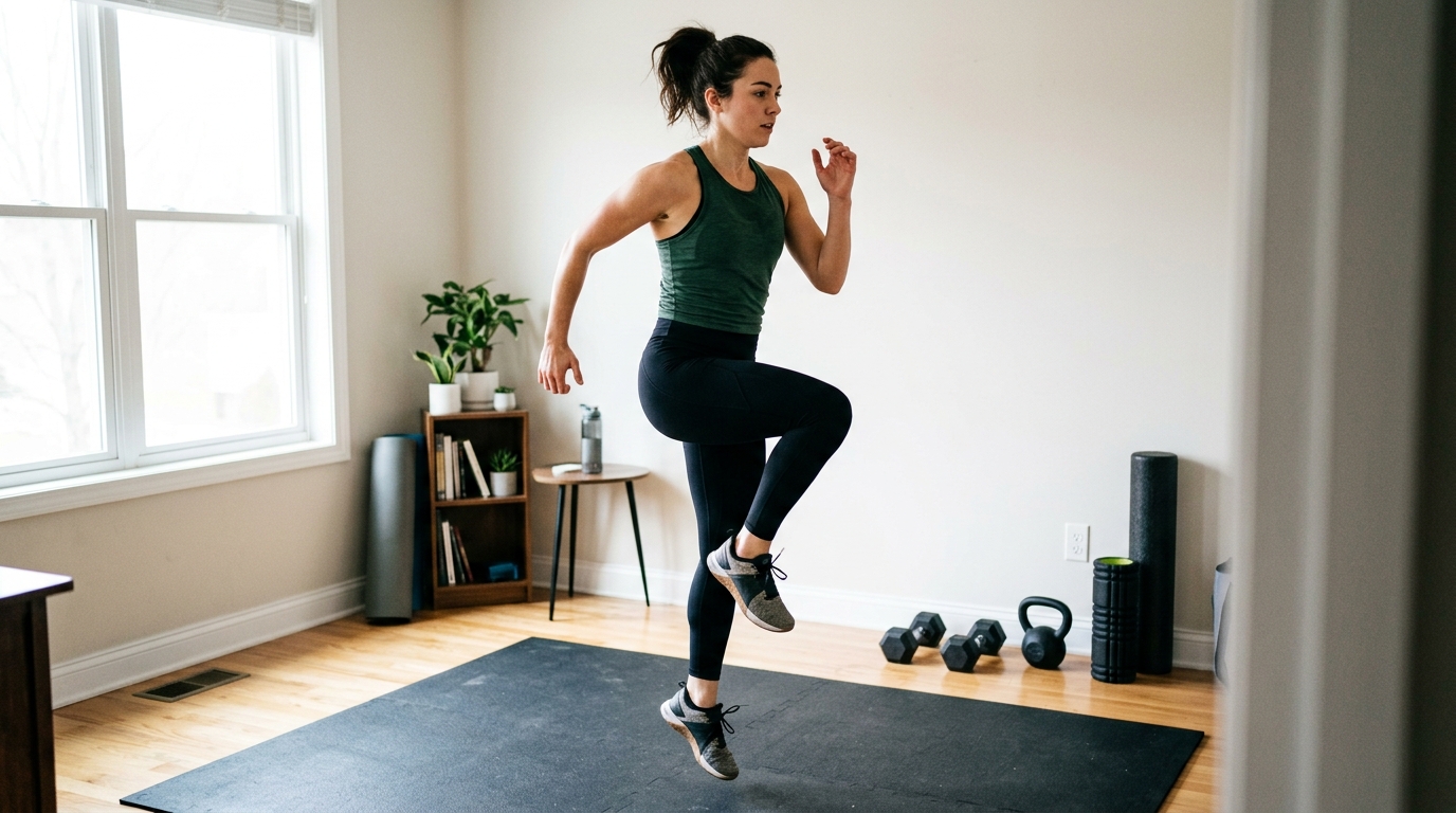 Woman doing a HIIT cardio and conditioning workout at home.
