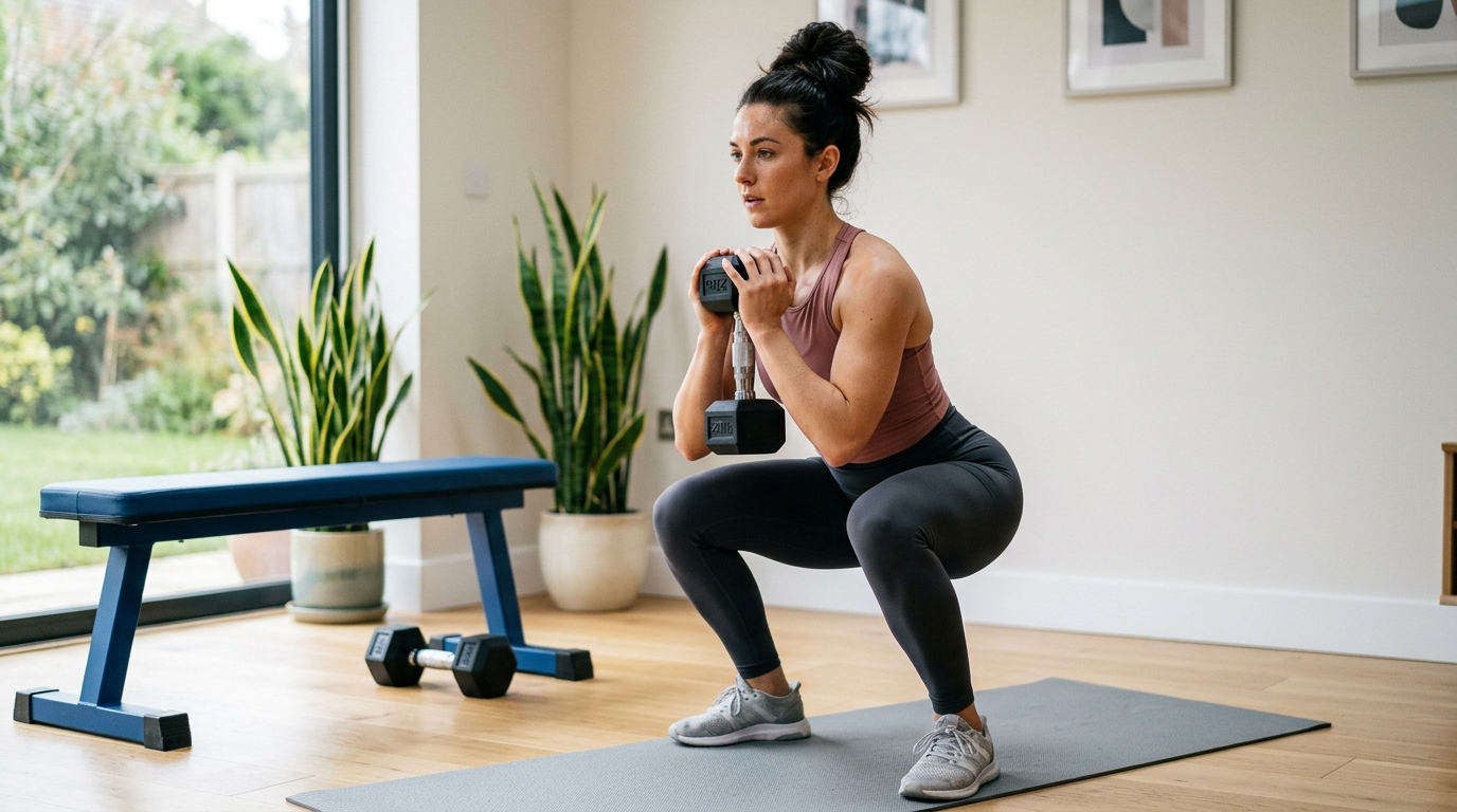 Woman doing goblet squats and step-ups during a home leg workout.