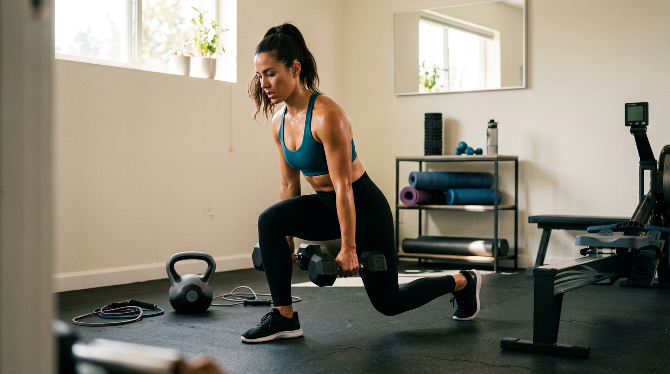 Woman moving through a high-energy home workout circuit with dumbbells and kettlebell.