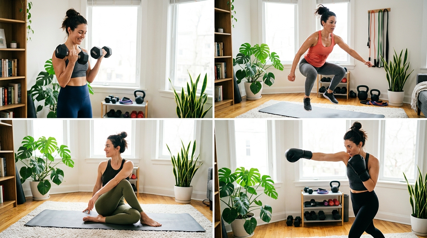 Woman doing a variety of home workouts including strength training, HIIT, yoga, and boxing.