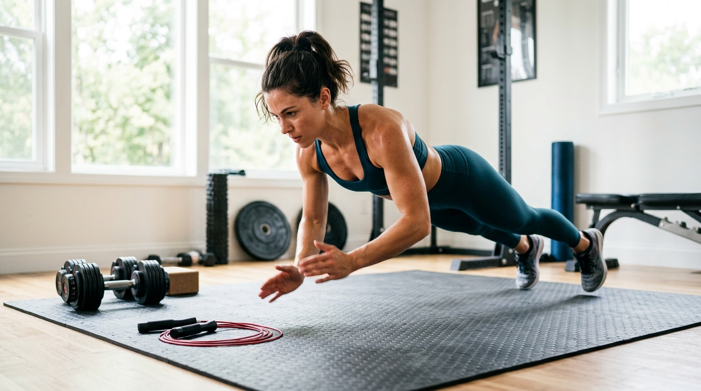 Woman doing a tricep-focused push-up circuit at home with jump rope nearby.
