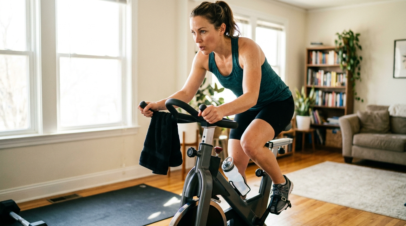 Woman doing an indoor bike workout at home for weight loss and cardio fitness.