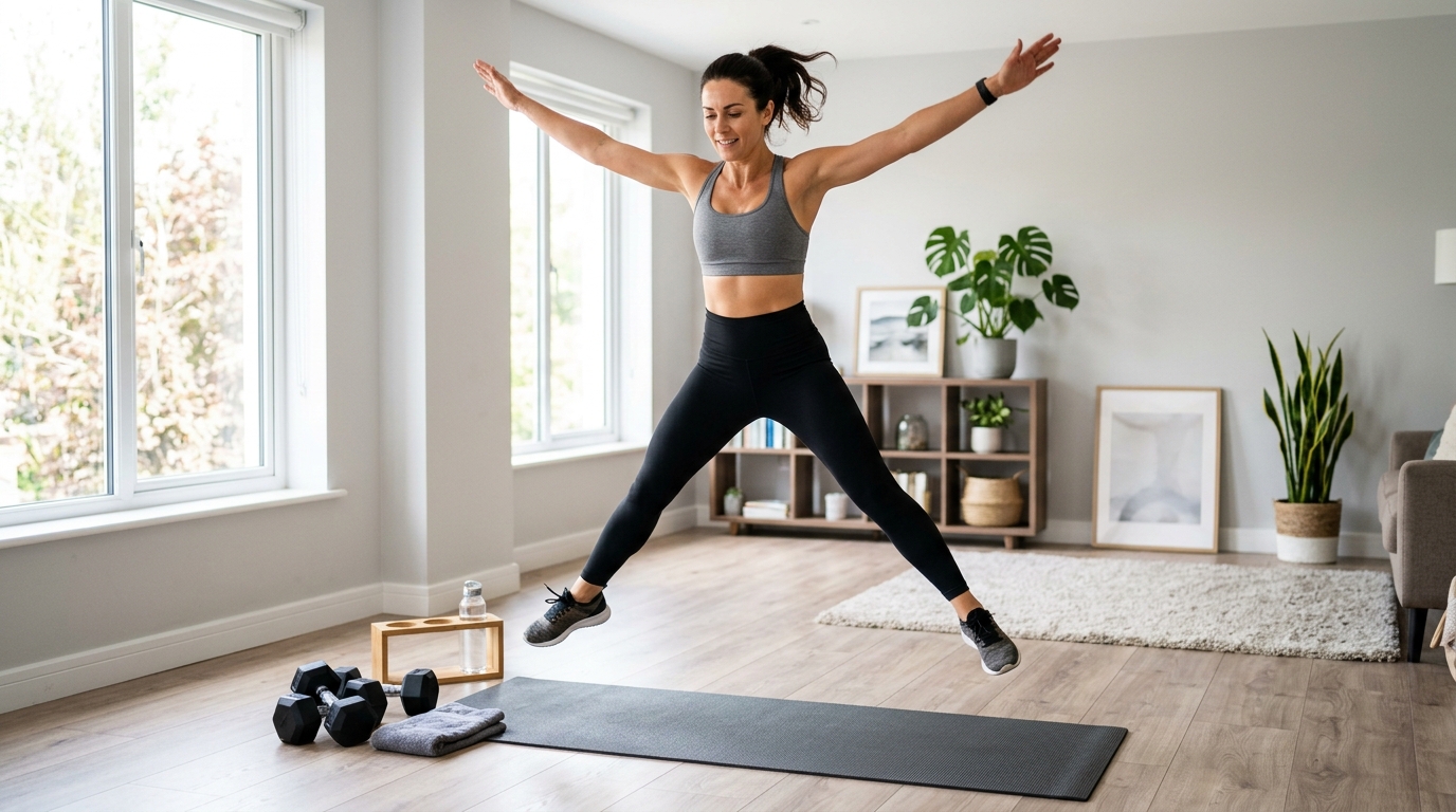 Woman doing lower body and cardio exercises at home including squats and side lunges.