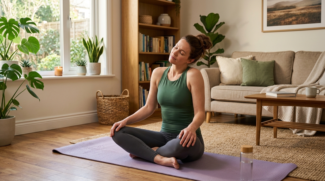 Woman doing shoulder rolls and neck stretches on a yoga mat as part of a home yoga warm-up.