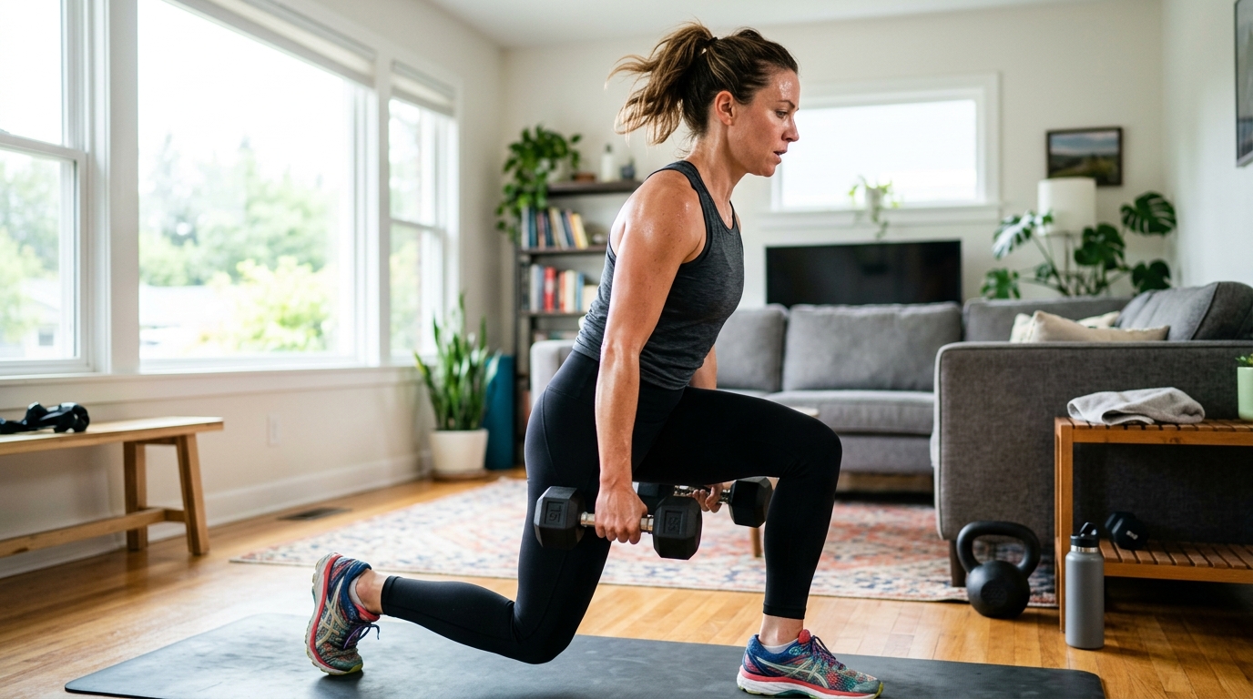Woman doing fast paced lower body exercises at home to boost metabolism and burn fat.