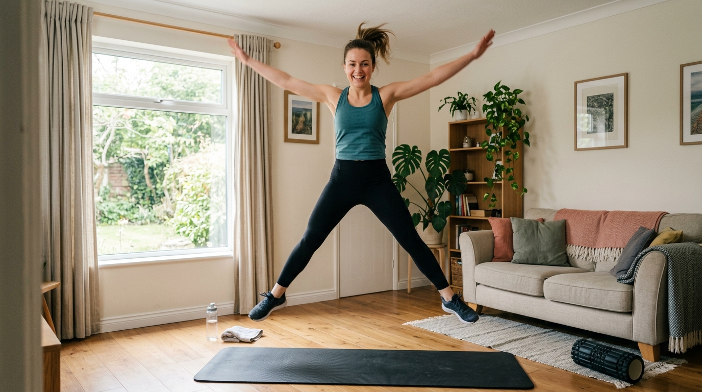 Woman doing star jump exercise during a home cardio workout.